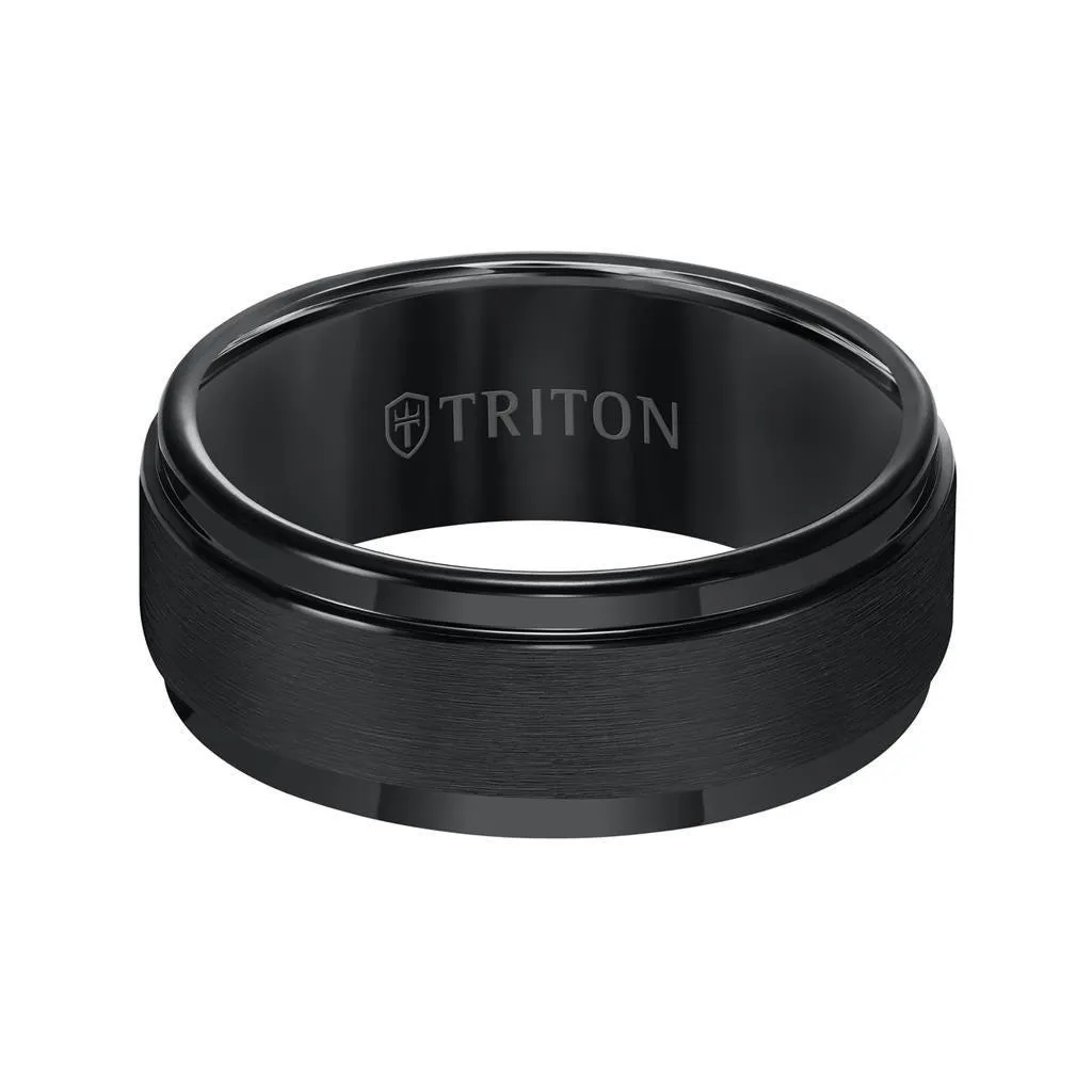 ARCHIBALD Black Tungsten Ring with Raised Satin Center and Polished Step Edges by Triton Rings - 9 mm