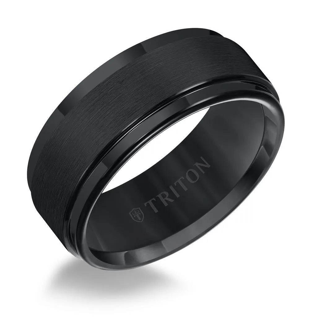 ARCHIBALD Black Tungsten Ring with Raised Satin Center and Polished Step Edges by Triton Rings - 9 mm