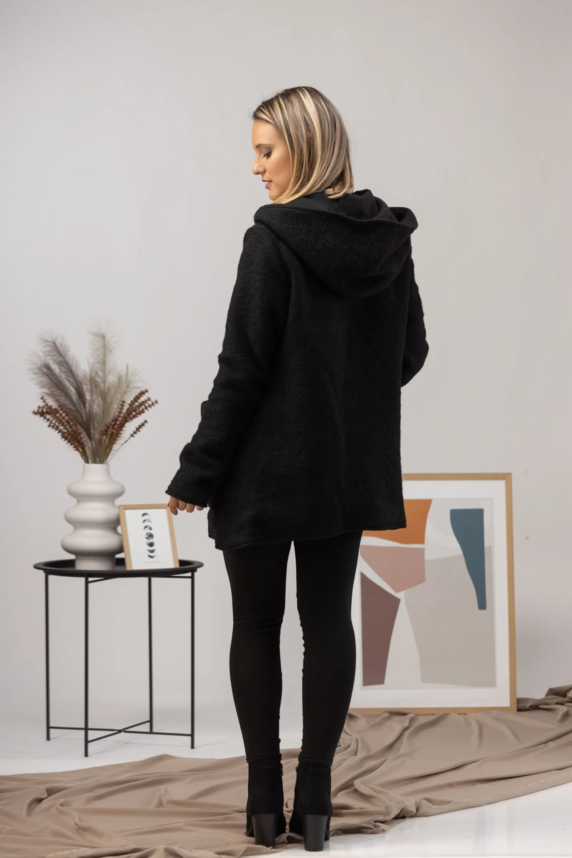 Black Hooded Wool Cardigan