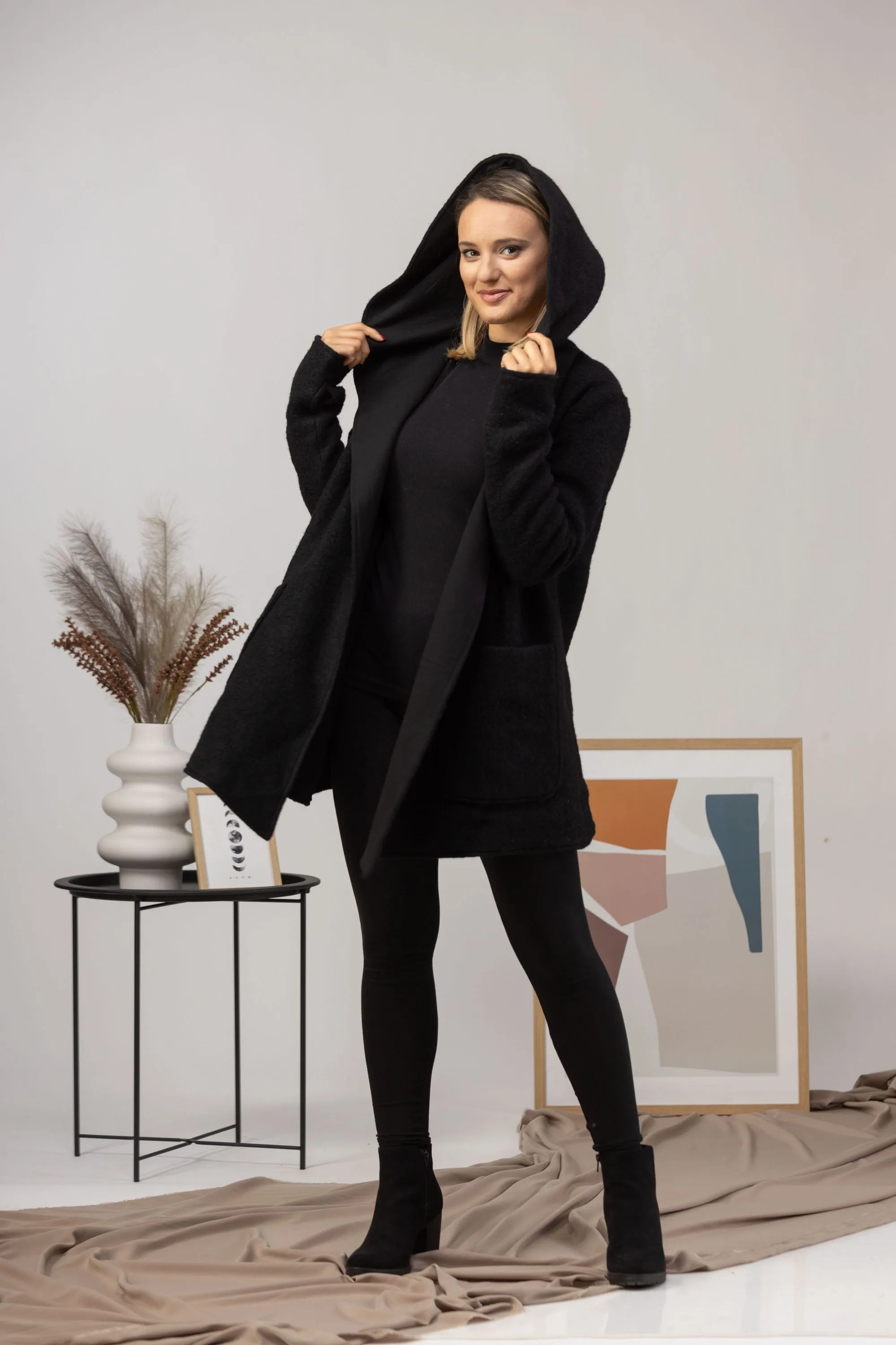 Black Hooded Wool Cardigan