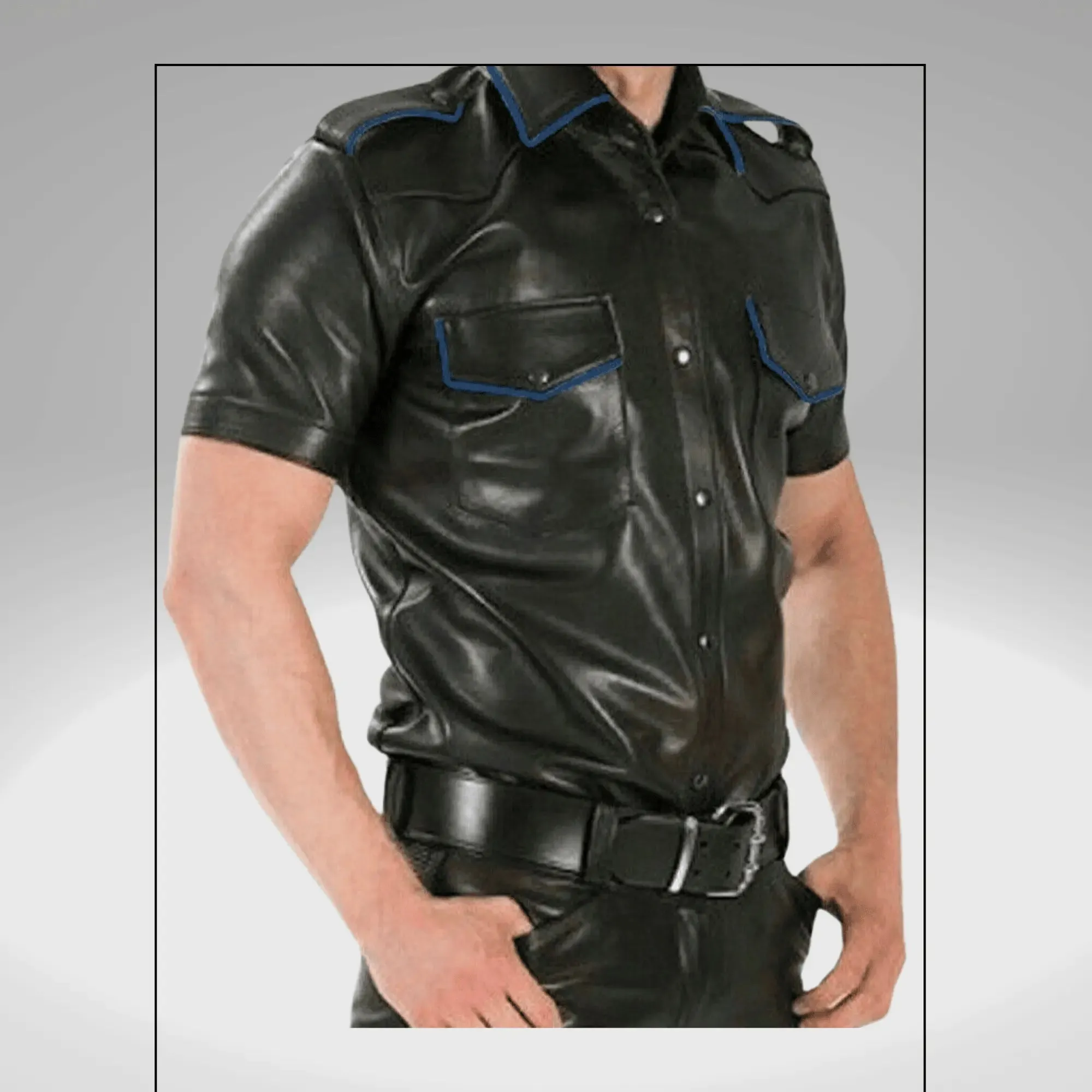 Black Leather Short Sleeve Shirts for Men