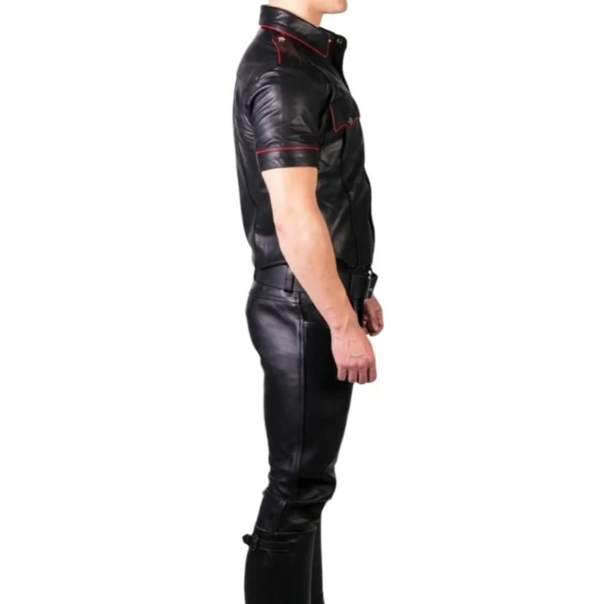 Black Leather Short Sleeve Shirts for Men