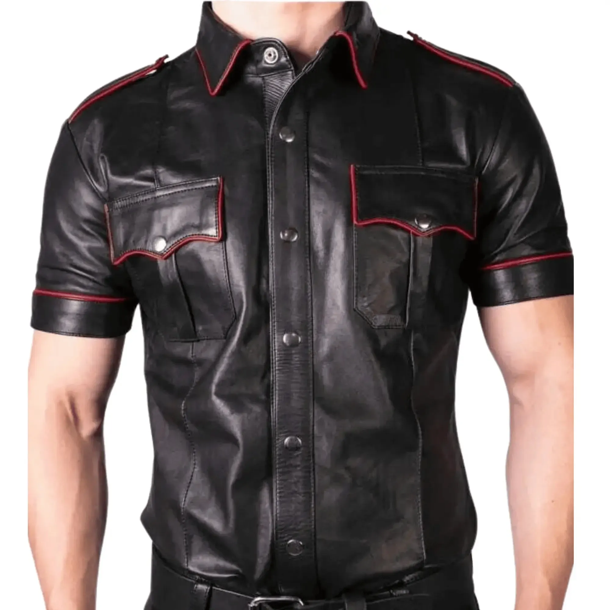 Black Leather Short Sleeve Shirts for Men