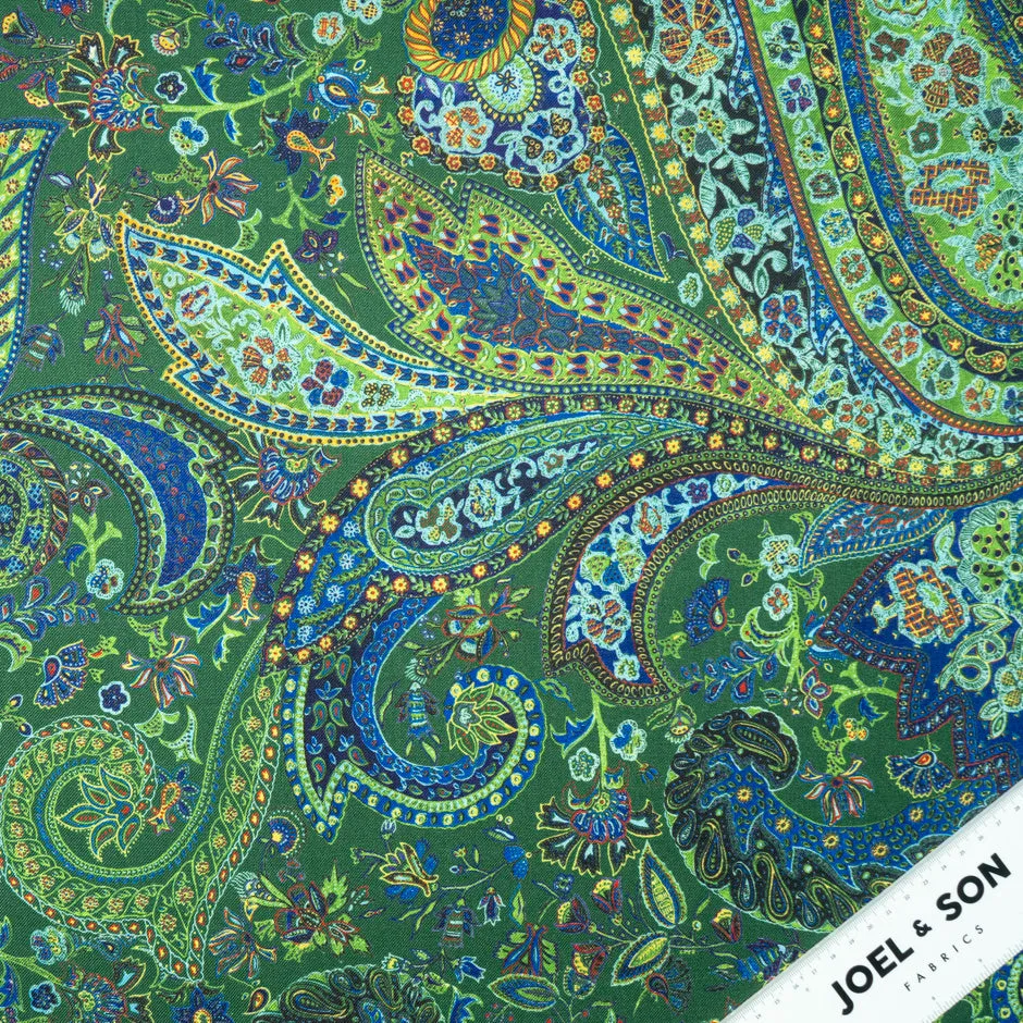 Blue & Green Paisley Printed Wool & Silk Blend