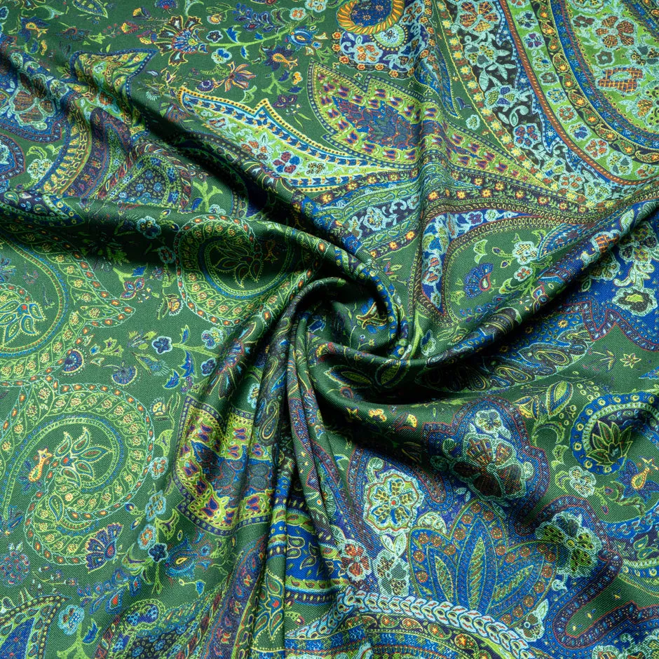 Blue & Green Paisley Printed Wool & Silk Blend