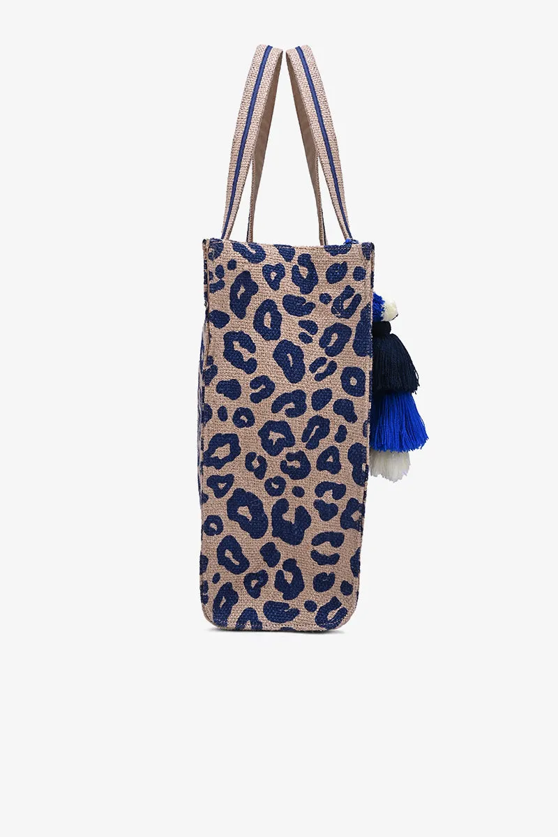 Blue Leopard Jute Tote With Crossbody Strap- Navy Animal Tote