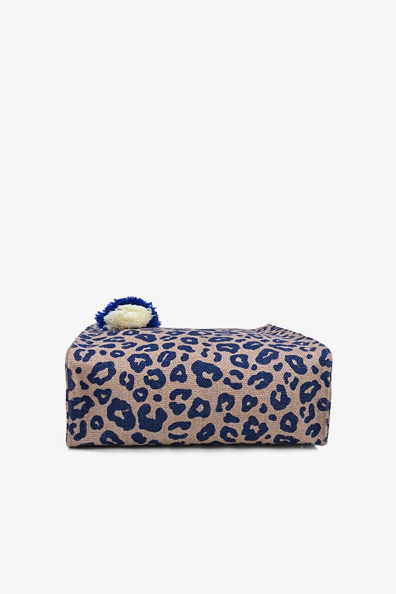 Blue Leopard Jute Tote With Crossbody Strap- Navy Animal Tote