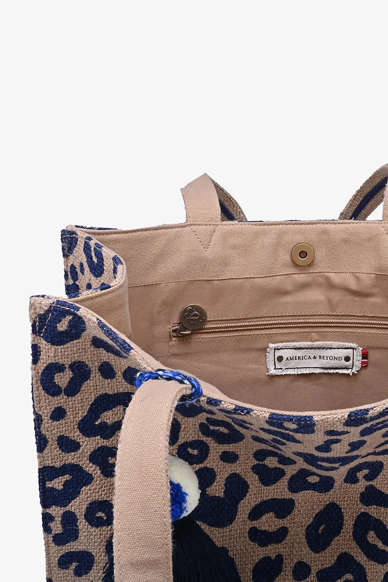 Blue Leopard Jute Tote With Crossbody Strap- Navy Animal Tote