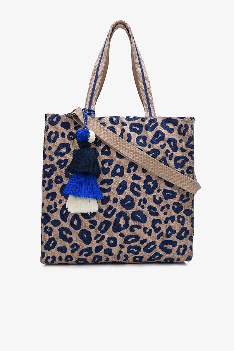 Blue Leopard Jute Tote With Crossbody Strap- Navy Animal Tote