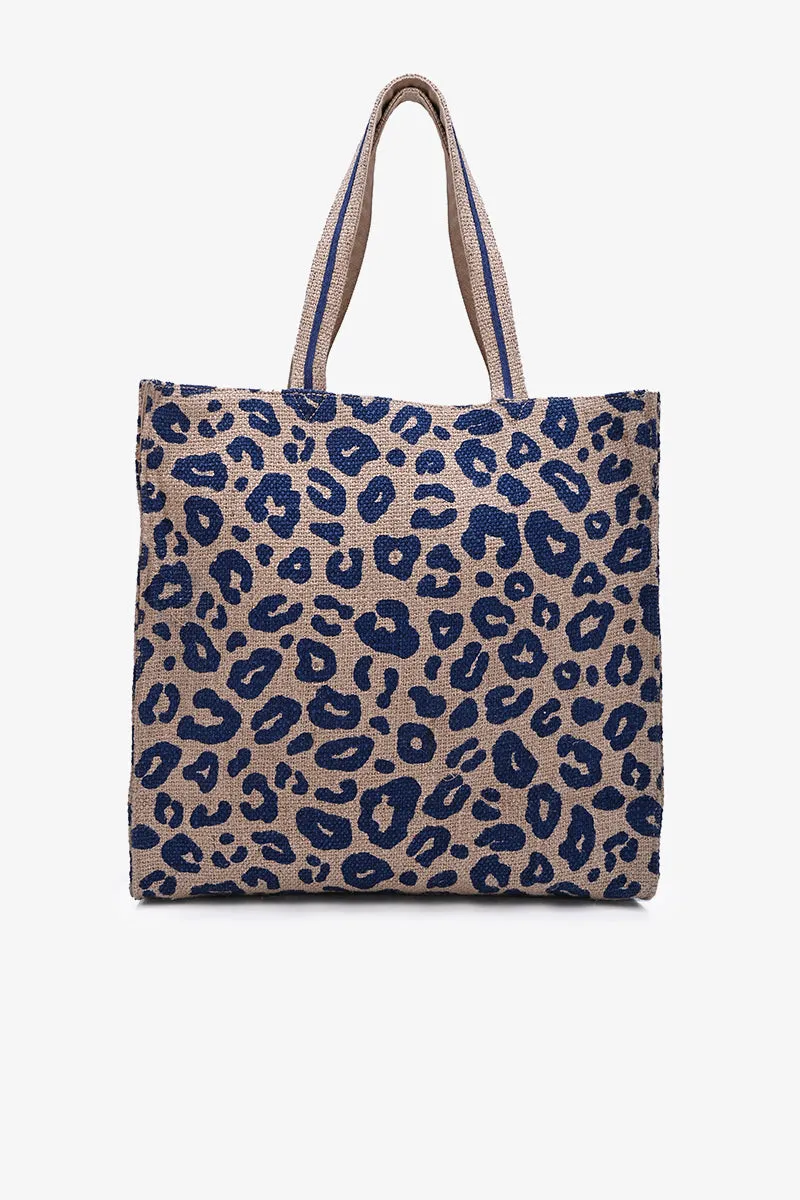 Blue Leopard Jute Tote With Crossbody Strap- Navy Animal Tote