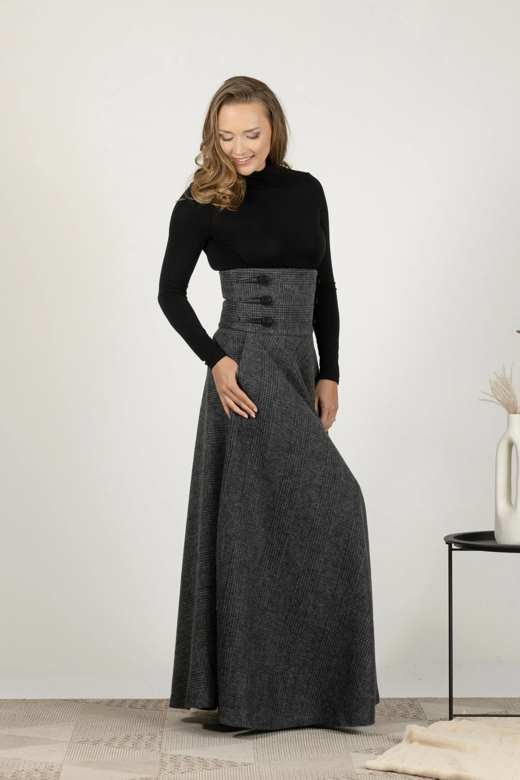 Brown Plaid Winter Wool Maxi Skirt