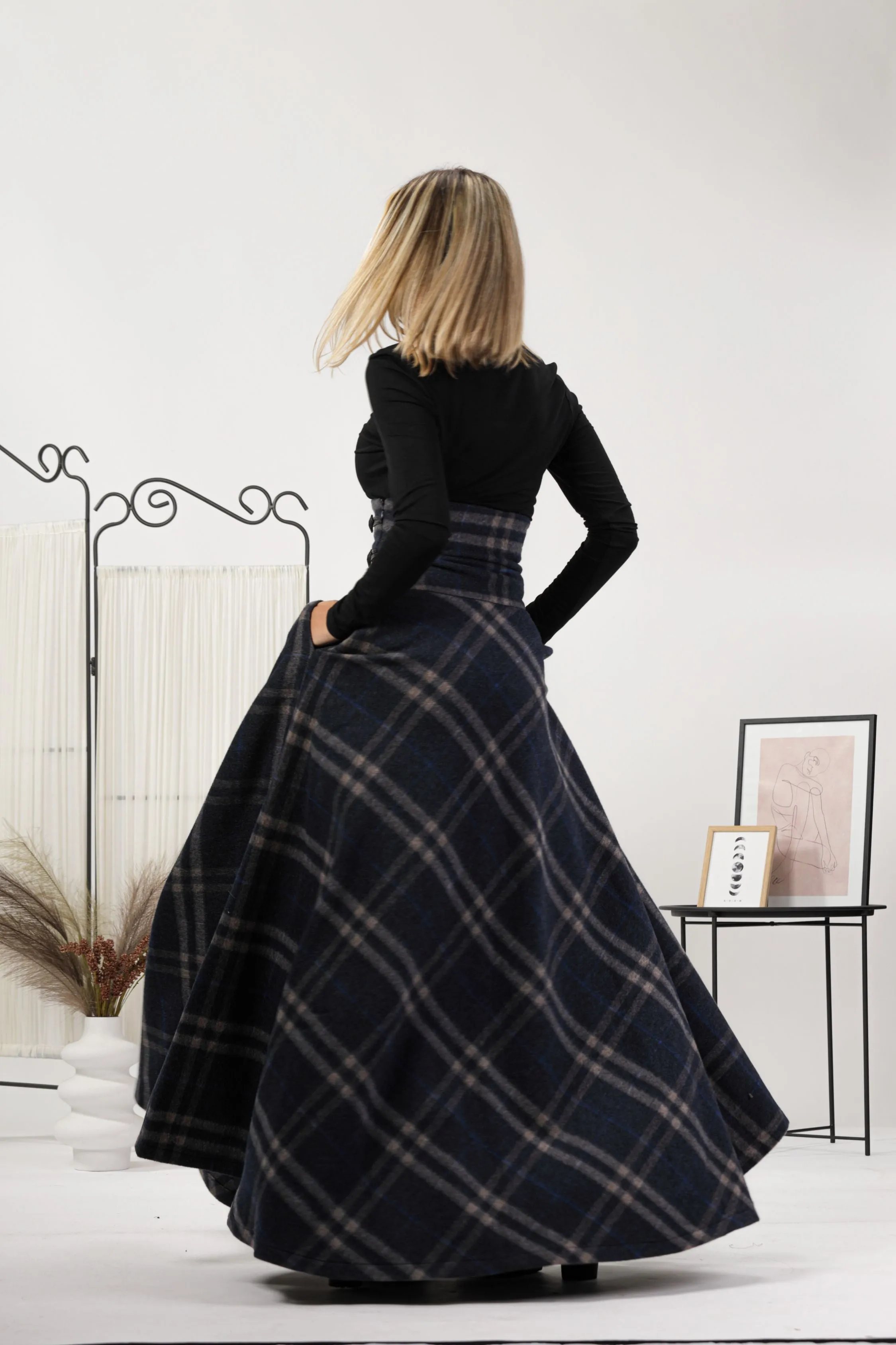 Brown Plaid Winter Wool Maxi Skirt