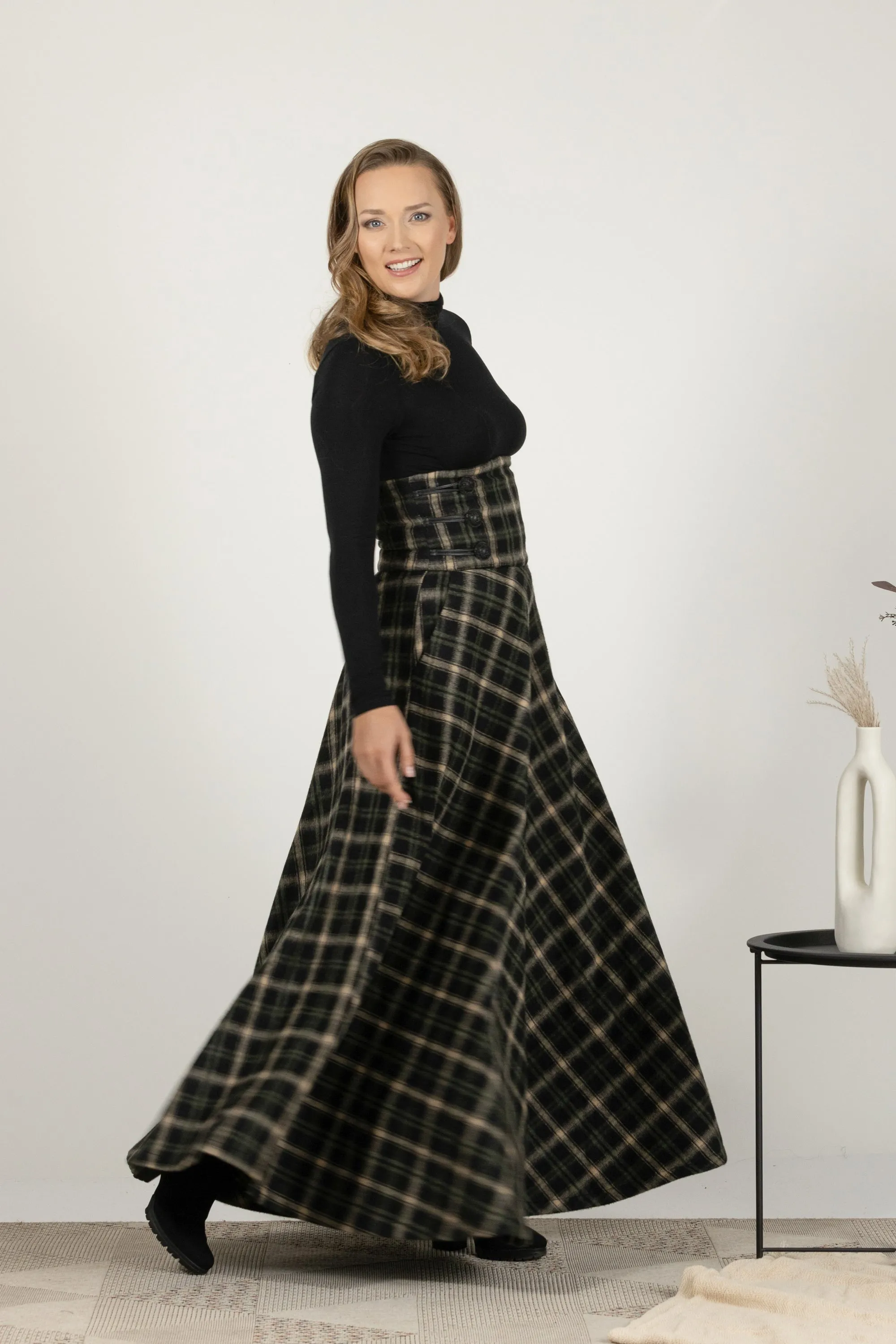 Brown Plaid Winter Wool Maxi Skirt