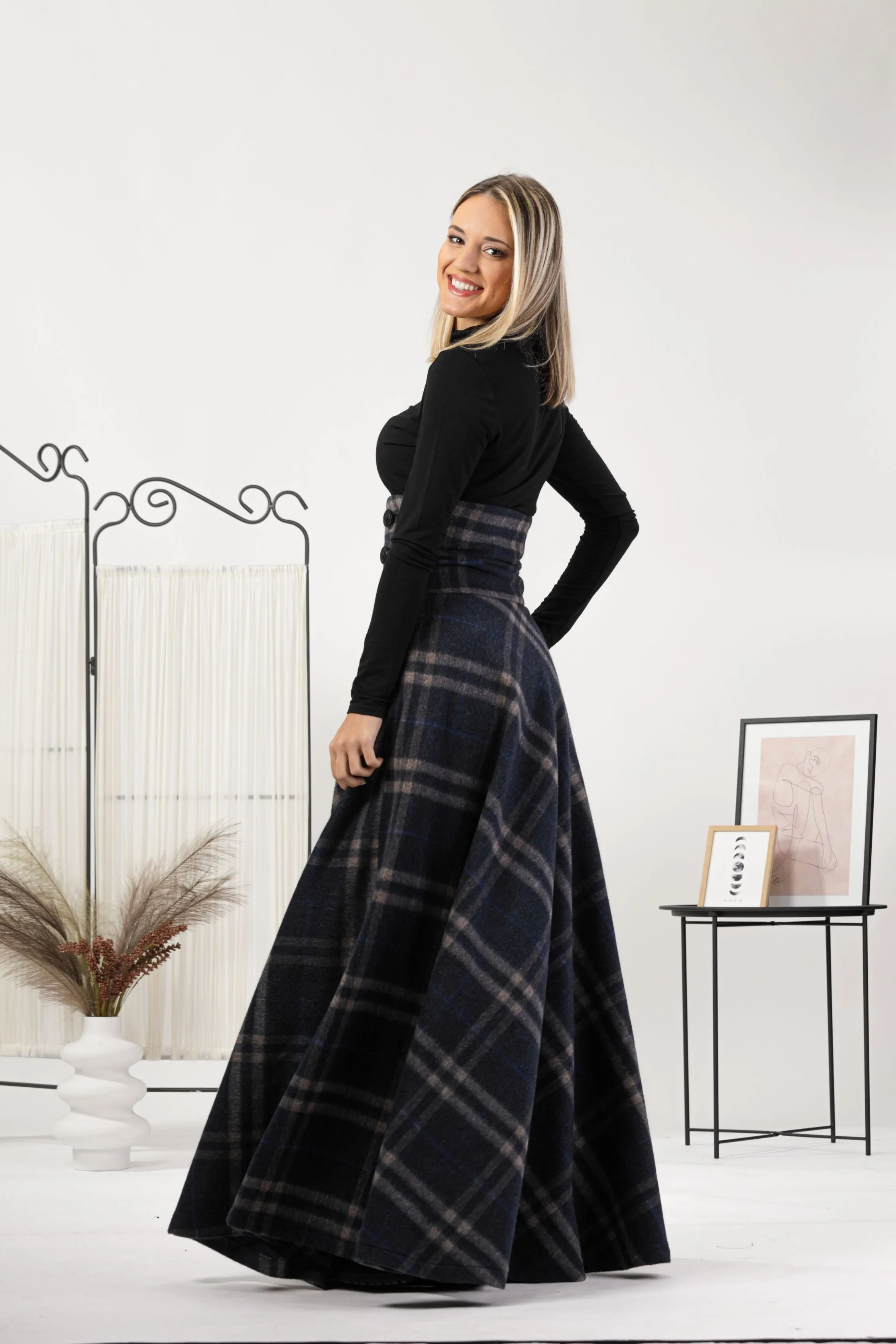 Brown Plaid Winter Wool Maxi Skirt