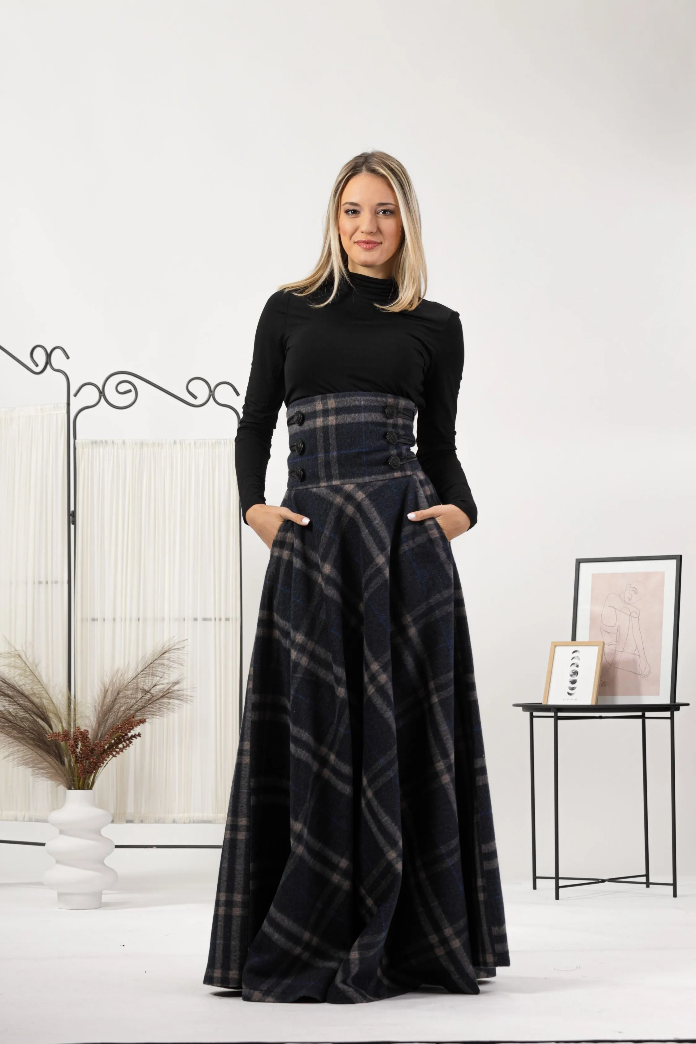 Brown Plaid Winter Wool Maxi Skirt