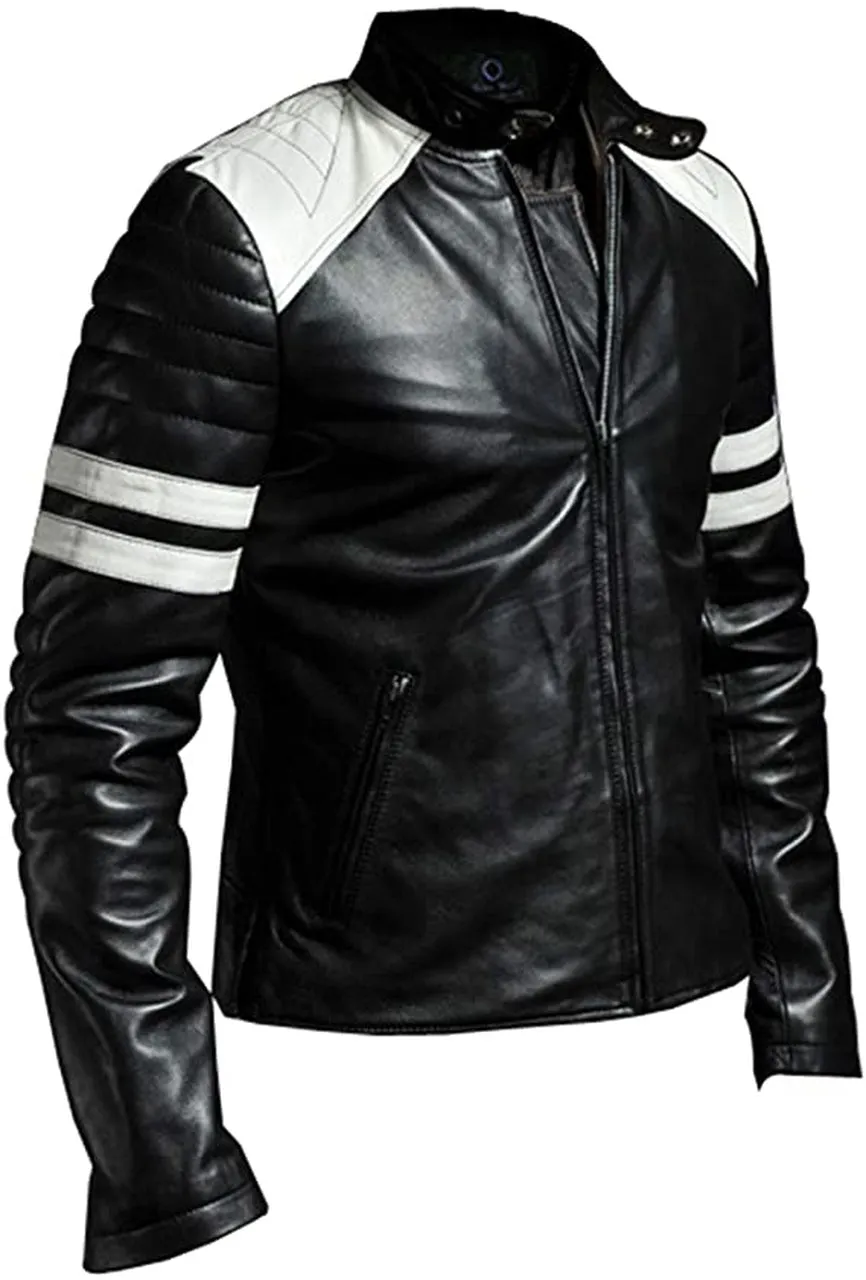 Café Racer Style Genuine sheepskin Leather Jacket With White Stirpes