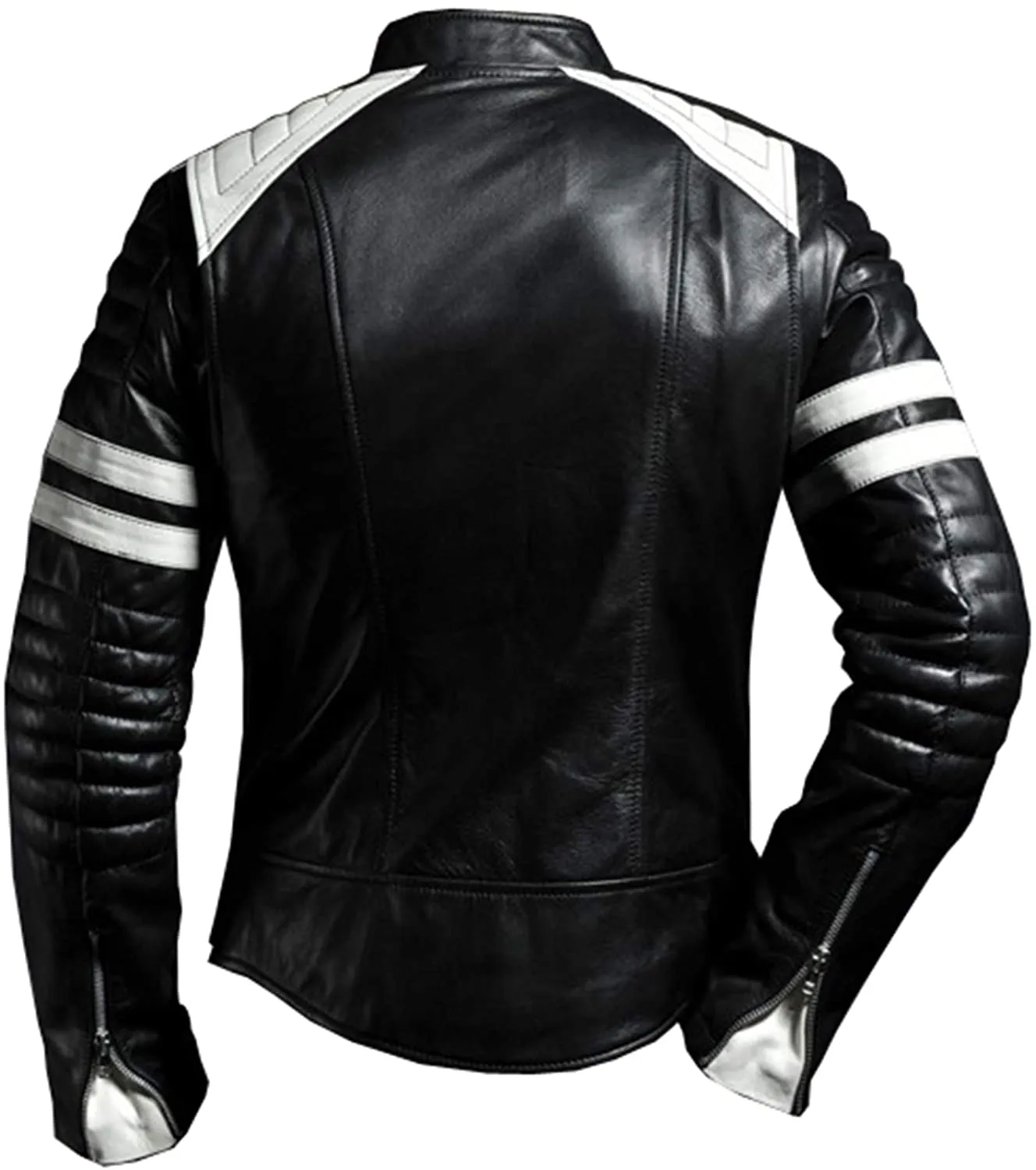 Café Racer Style Genuine sheepskin Leather Jacket With White Stirpes