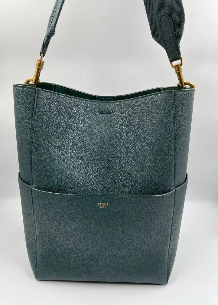 Celine Sangle Bucket Tote in Soft Grained Calfskin Amazone Green