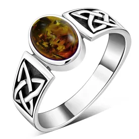 Celtic Baltic Amber Sterling Silver Ring