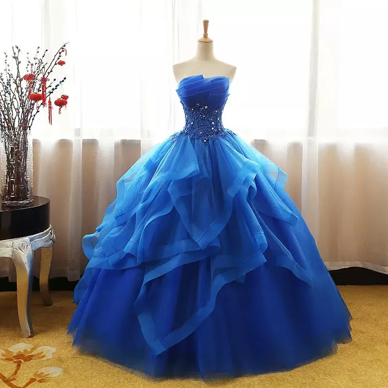 Charming Royal Blue Tulle Prom Gown , Sweet Party Dress