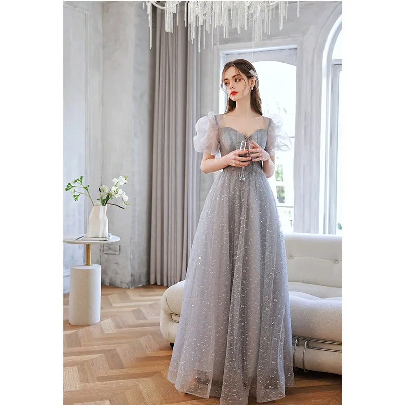 Cute Gray Puff Sleeves Long Prom Dress A Line Tulle Formal Evening Gown 227