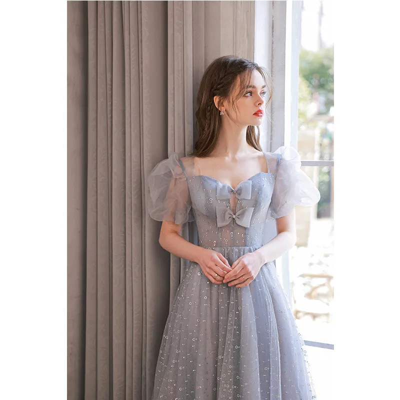 Cute Gray Puff Sleeves Long Prom Dress A Line Tulle Formal Evening Gown 227