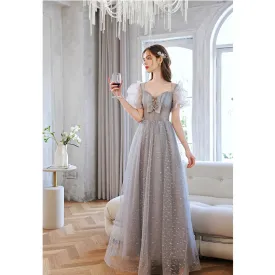 Cute Gray Puff Sleeves Long Prom Dress A Line Tulle Formal Evening Gown 227