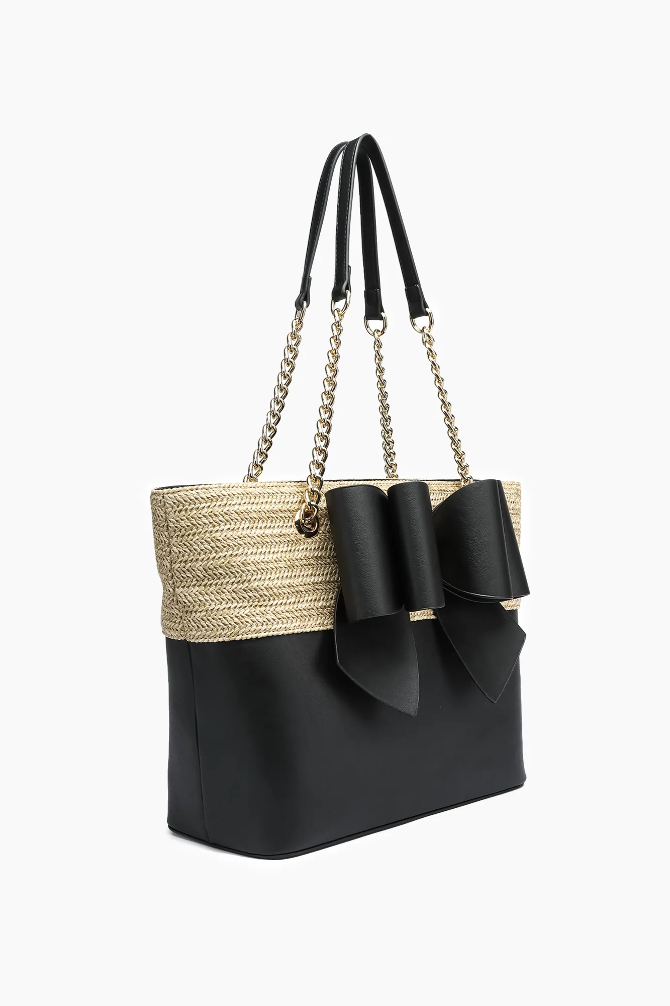 Daisy Bowtie Dual Straw Tote Bag: Black