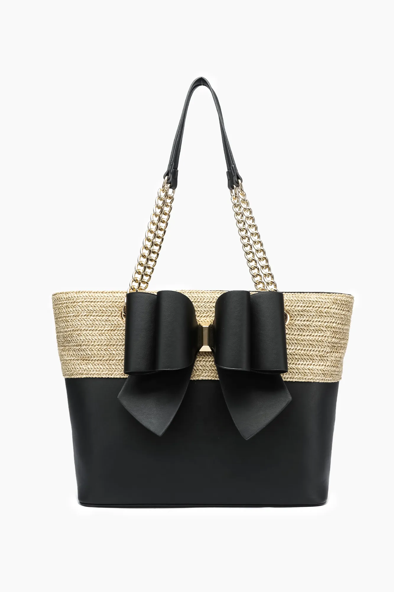 Daisy Bowtie Dual Straw Tote Bag: Black