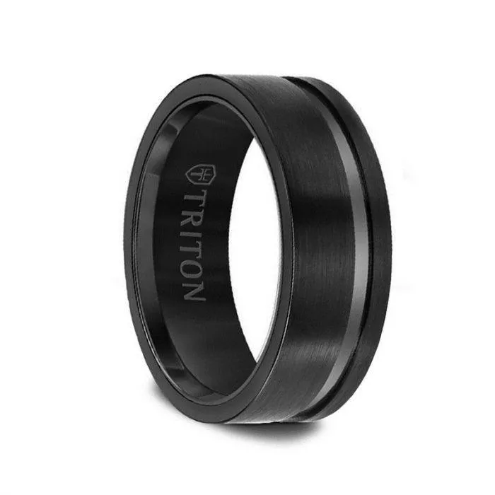 EZRA Black Tungsten Flat Satin Finish Ring with Single Polished Offset Groove 8mm