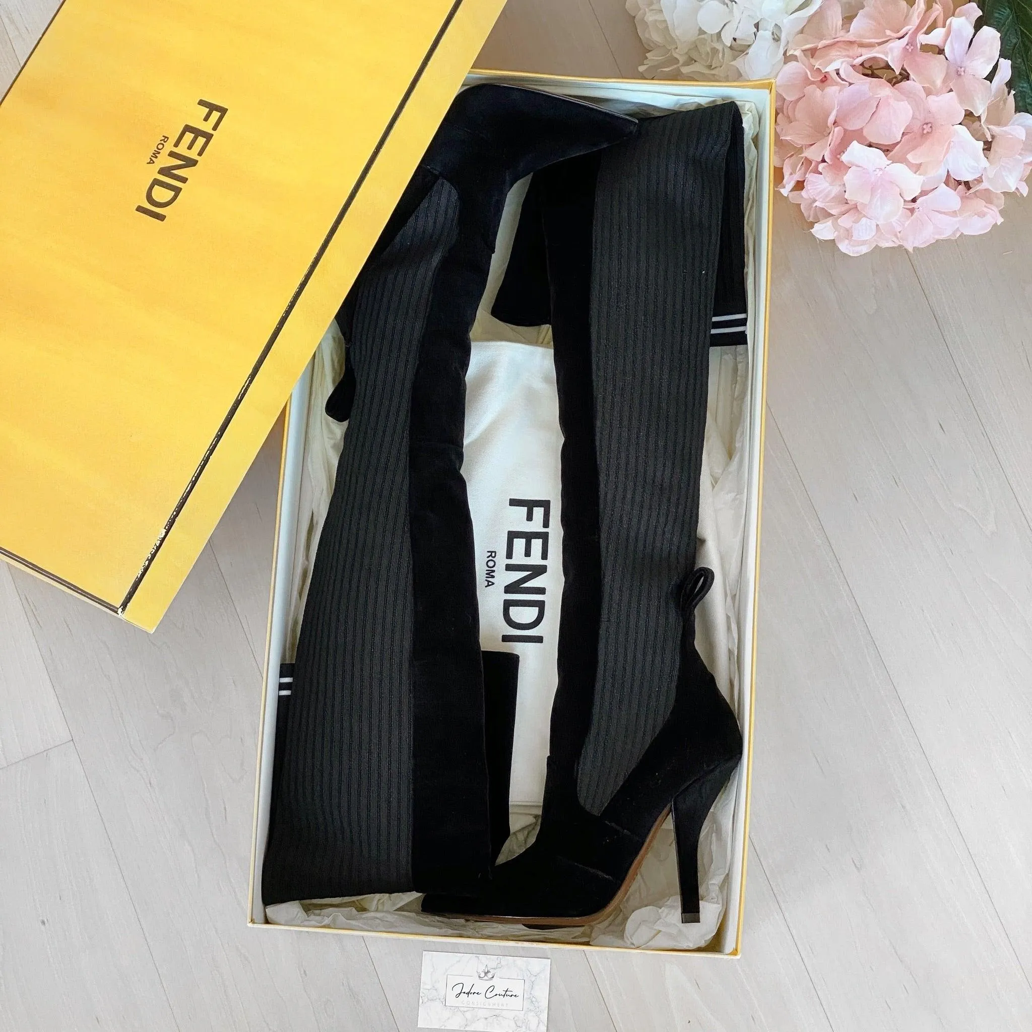 Fendi Black Velvet Over-the-Knee Rockoko Boots 38