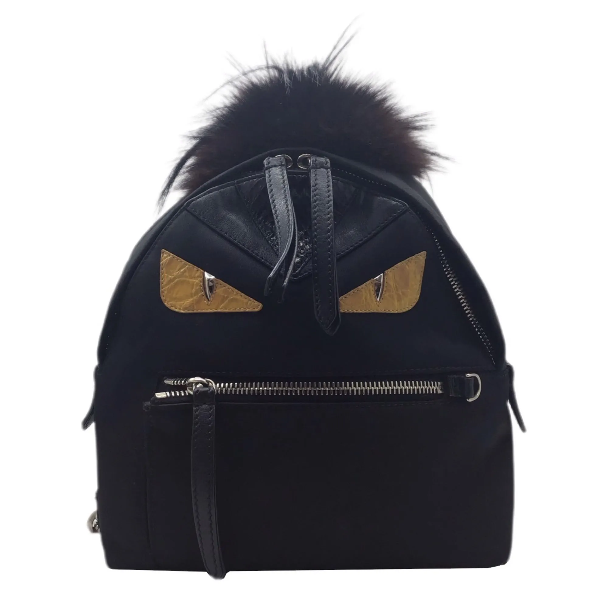 FENDI Bugs Eye 8BZ038 Backpack Nylon Black Pom Rucksack Ladies Men's Unisex