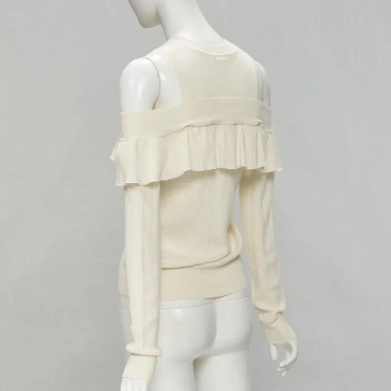 FENDI cream wool silk cashmere cold shoulder ruffle knit sweater IT44 M