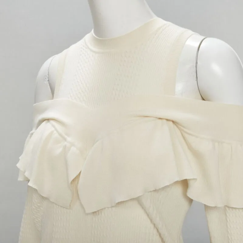 FENDI cream wool silk cashmere cold shoulder ruffle knit sweater IT44 M