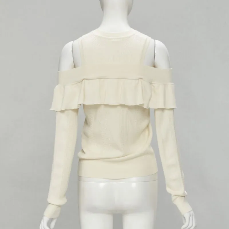 FENDI cream wool silk cashmere cold shoulder ruffle knit sweater IT44 M