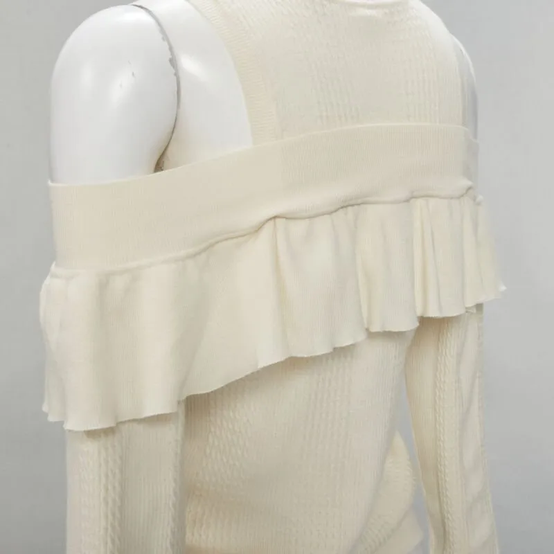 FENDI cream wool silk cashmere cold shoulder ruffle knit sweater IT44 M