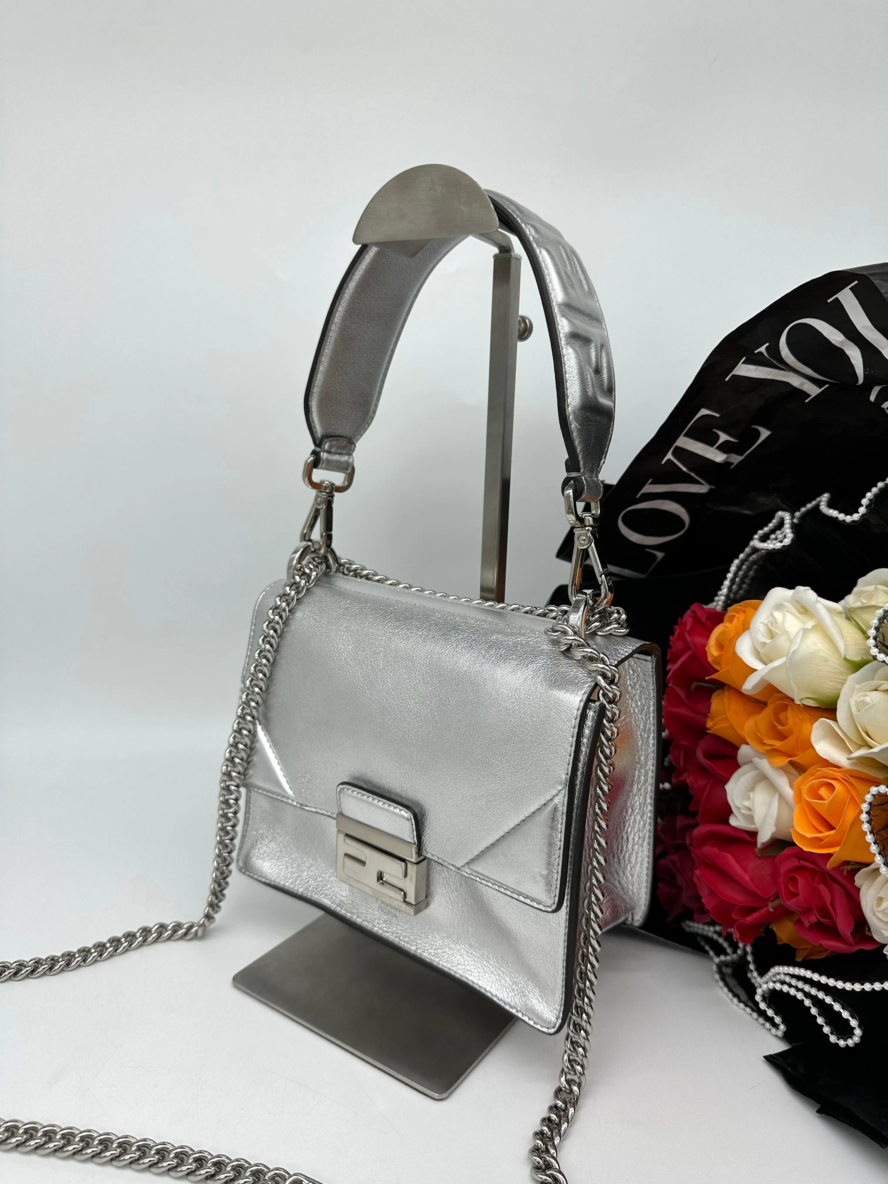 FENDI Kan U Chain Sling Bag Silver Leather For Women Bag