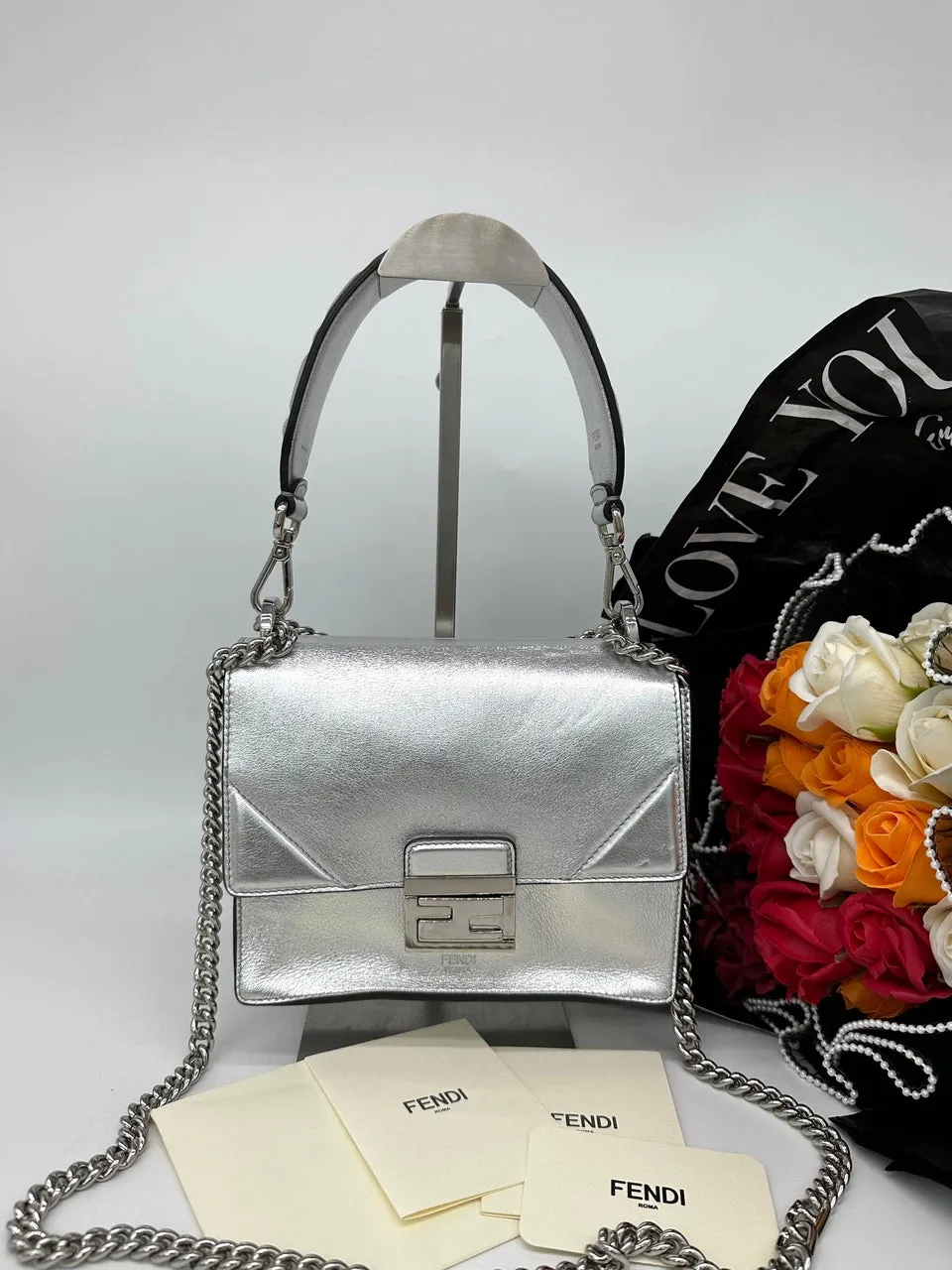 FENDI Kan U Chain Sling Bag Silver Leather For Women Bag