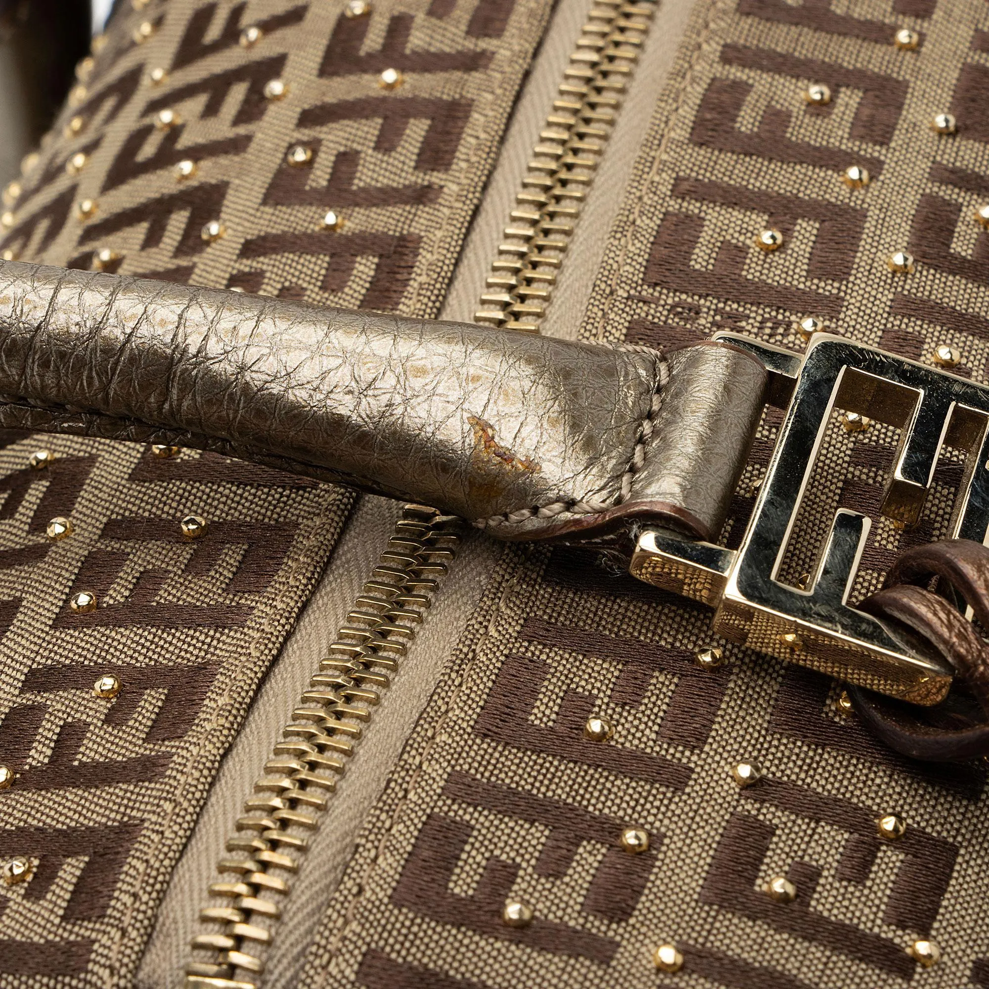 Fendi Studded Zucchino Leather Small Boston Bag (SHF-dAOoUF)