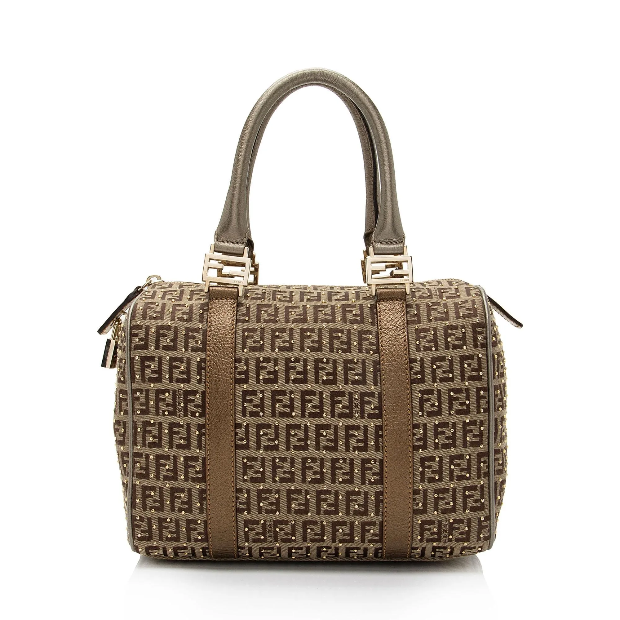 Fendi Studded Zucchino Leather Small Boston Bag (SHF-dAOoUF)