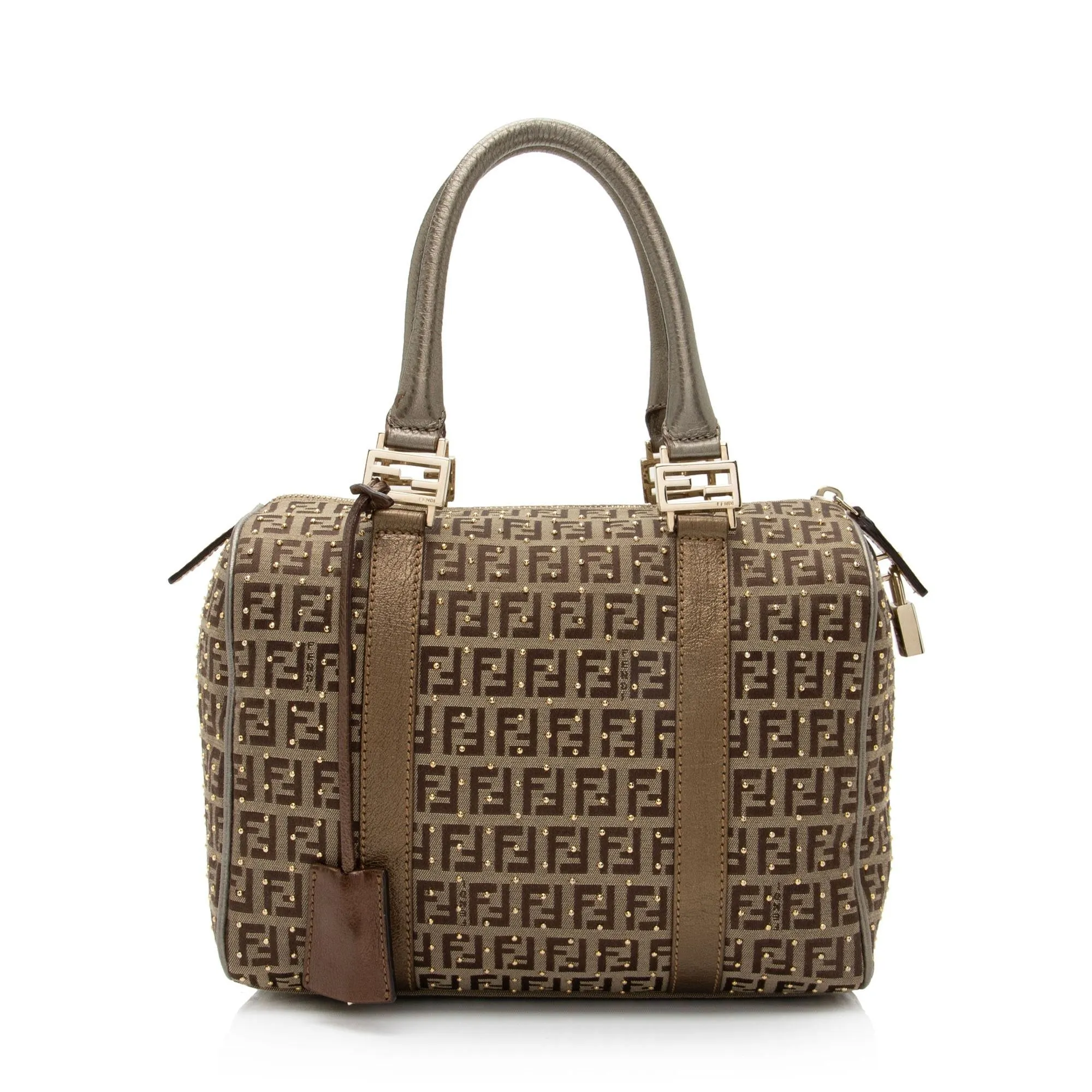 Fendi Studded Zucchino Leather Small Boston Bag (SHF-dAOoUF)