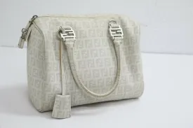 Fendi: White Canvas Satchel Logo Medium Handbag - White