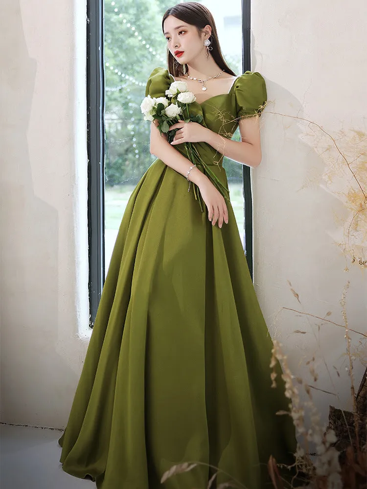 Green Satin Long Prom Dress Short Sleeves A Line Evening Dress 202