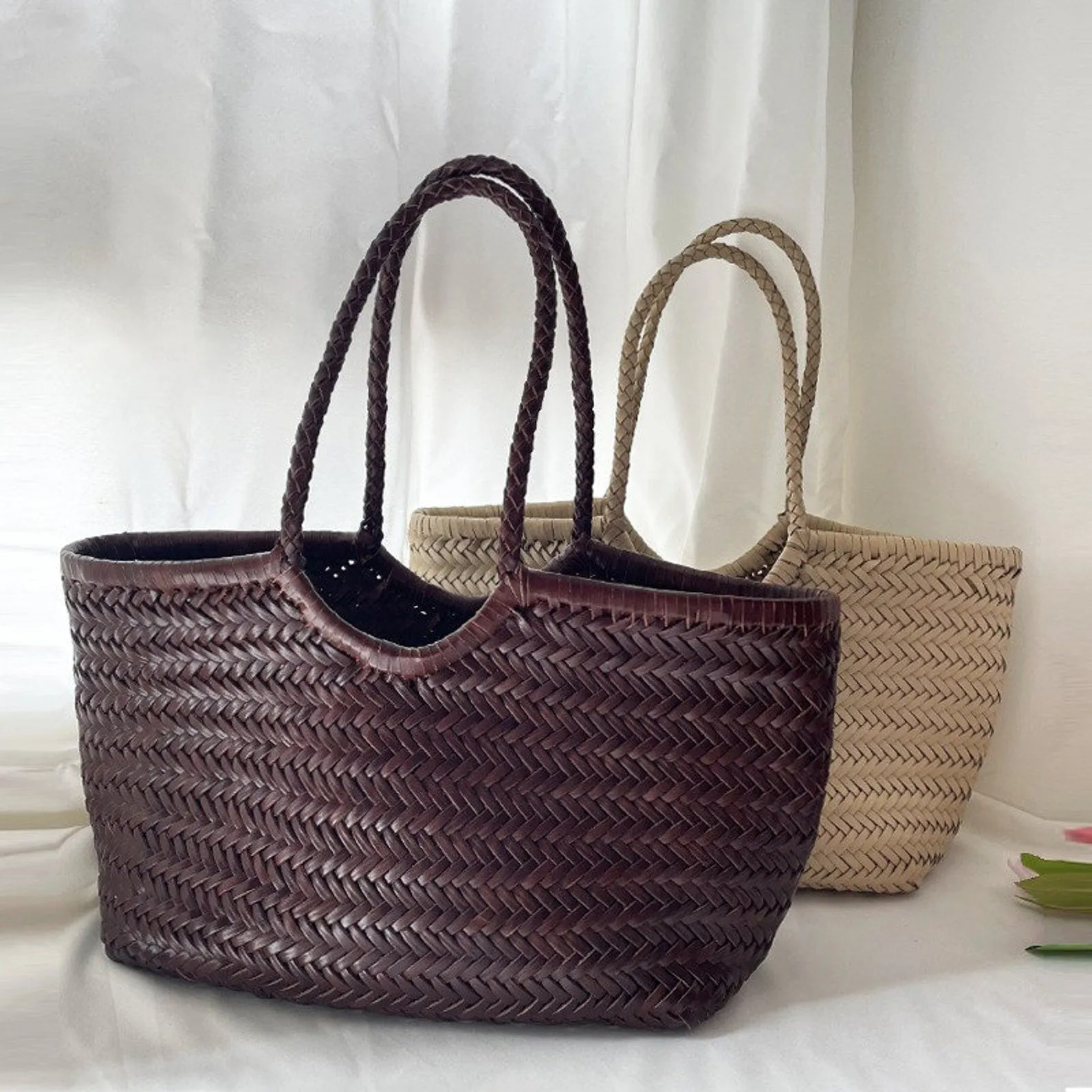 Handmade Woven Leather Basket Bag Handbag Tote Purse