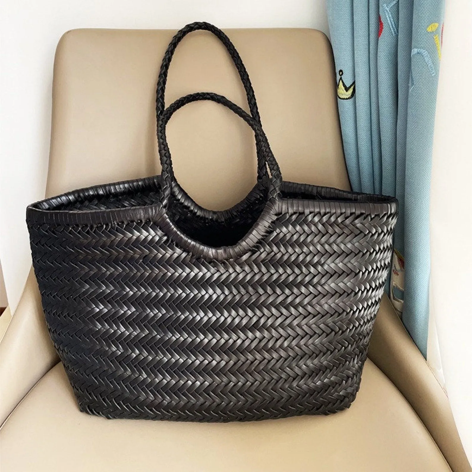 Handmade Woven Leather Basket Bag Handbag Tote Purse