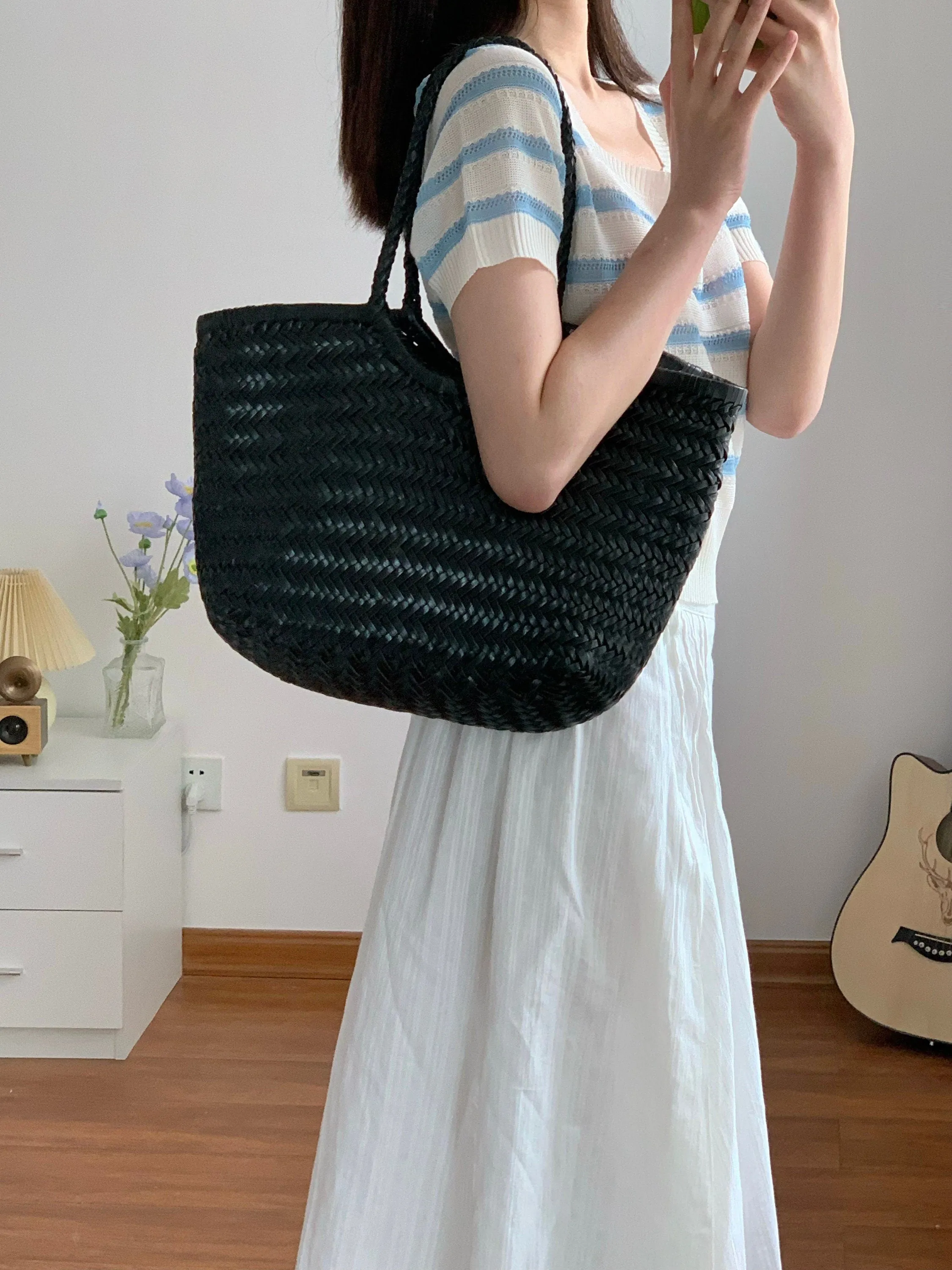 Handmade Woven Leather Basket Bag Handbag Tote Purse