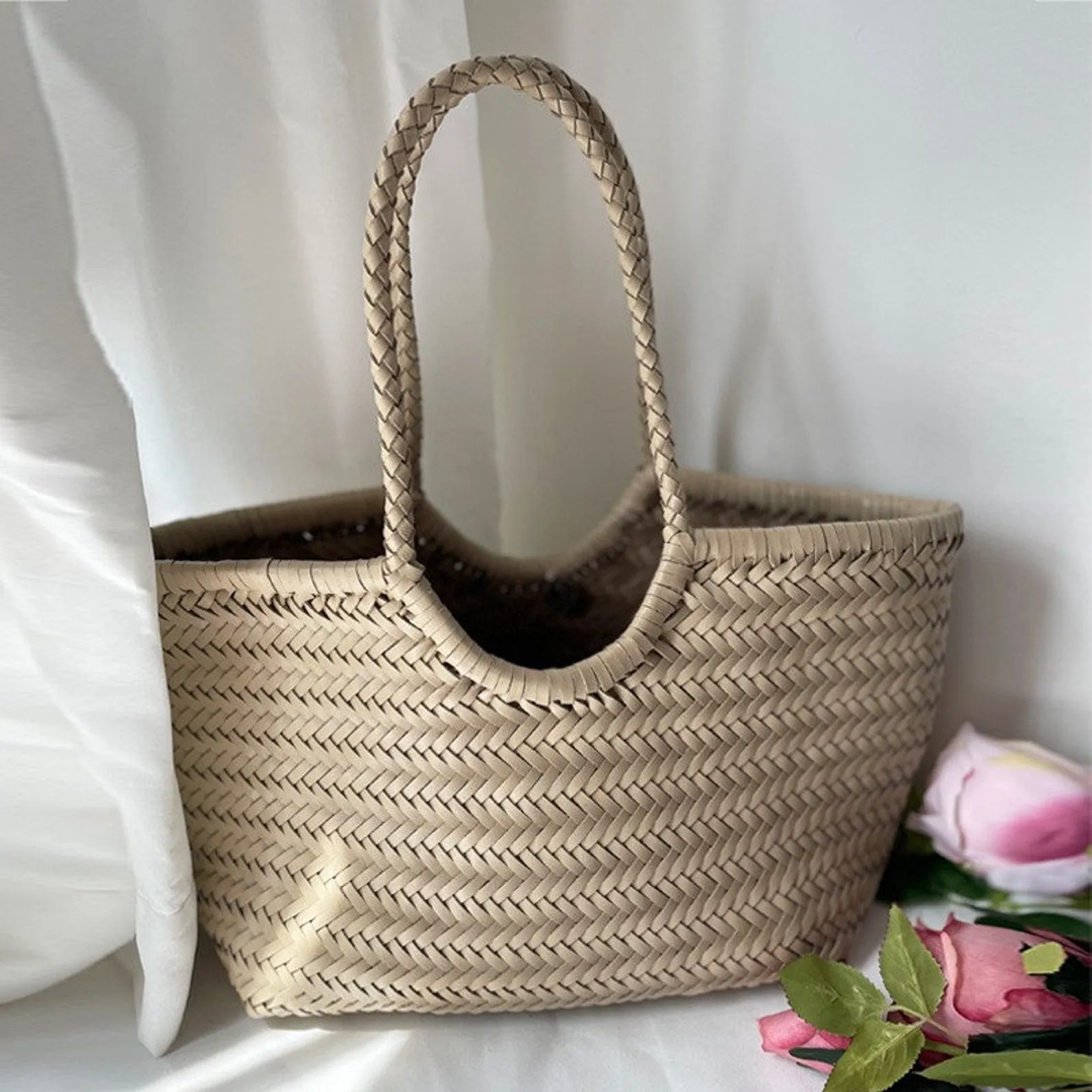 Handmade Woven Leather Basket Bag Handbag Tote Purse