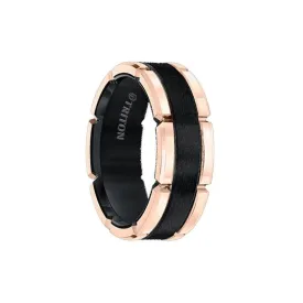 KEVIN Black Tungsten Flat Comfort Fit Band with Brushed Center & Rose Rims by Triton Rings - 8mm