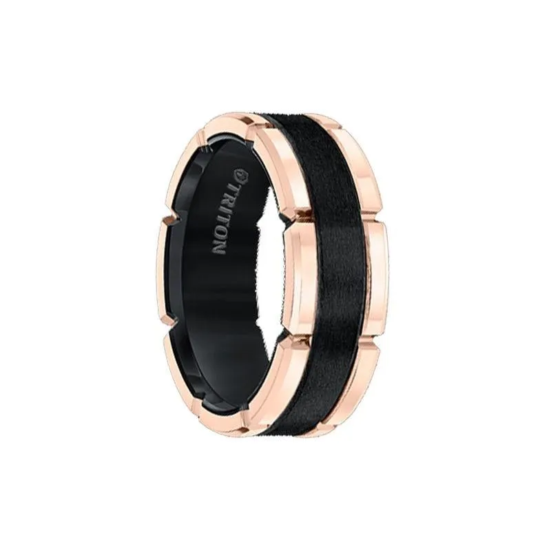 KEVIN Black Tungsten Flat Comfort Fit Band with Brushed Center & Rose Rims by Triton Rings - 8mm