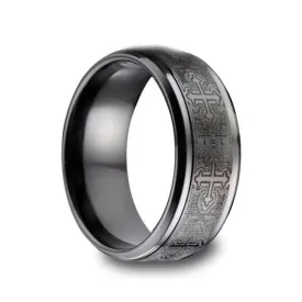 KOLI Benchmark Black Titanium Ring with Engraved Crosses - 9mm